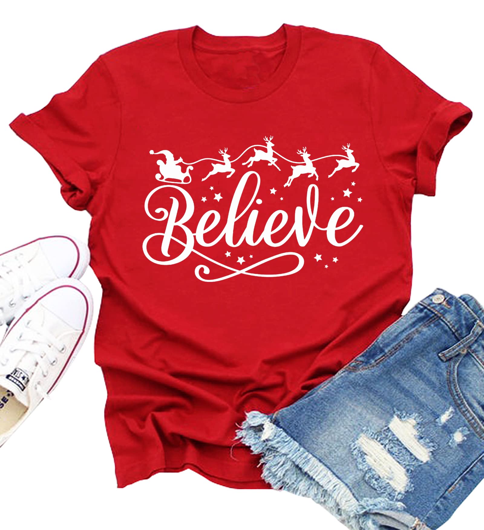 Believe Christmas Shirt for Women Christmas Tree Graphic T-Shirts Believe Letter Print Tees Holiday Tops